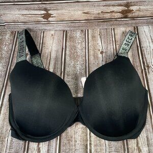 VICTORIA'S SECRET T-shirt Lightly Lined Demi 34DD Black Silver Underwire Bra EUC